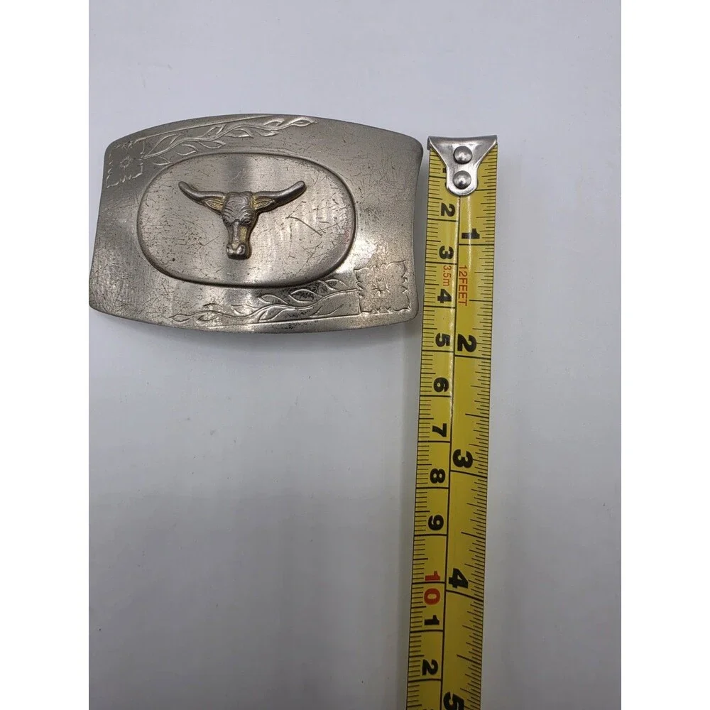 Vintage Western Longhorn Steer Head Belt Buckle Silver Tone Cowboy Floral